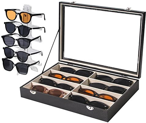 LongMen 8 Slot sunglass organizer case,sunglasses storage box, 5 Tier sunglass holder for multiple glasses, eyeglass display stand,sunglass rack For men and women
