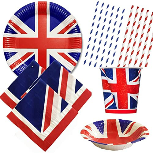 Lizzy Union Jack Party Tableware Set | King Charles III Coronation 2023 | Bumper Pack 10 Plates (18cm),12Cups , 8 Bowl , 24 Straws & 20 Napkins Indoor or Outdoor Royal Event Party Décor