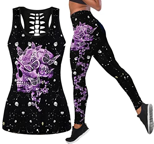 DRZHEAM Frauen 2 Stück Casual Totenkopf Outfits 3D Gedruckt Aushöhlen Tank Tops Yoga Leggings Jogger Sets Activewear (skull 02, XXL)