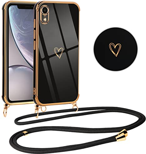 Vauki Coque pour iPhone XR avec Cordon de Collier, Galvanisé Etui Housse avec Motif Coeur d'amour, Antichoc Anti-Rayures Case avec Bandoulière pour iPhone XR 6.1, Nior