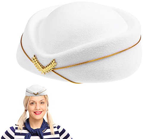 NUOBESTY Women Beanie Flight Attendant Dress up Uniform Cosplay Hat Decorative Stewardess Hat Airline Stewardess Hat Stewardess Hat Women Flight Attendant Hat White for Women Pill Box Miss, Beige,