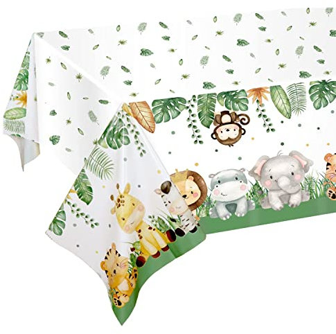 Yiran Dschungeltier-Safari-Tischdecke, Einweg-Tischdecke, Kunststoff, rechteckig, wasserdicht, Waldmotiv, 137.2x274.3 cm, wilde Einzel-Babyparty, Geburtstagsparty-Dekoration