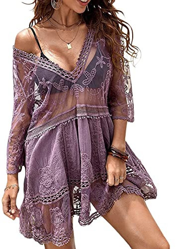 Luojida Copricostume Donna Mare Sexy in Pizzo Vestito Estivo Scollo a V Prendisole Costumi da Bagno Donna Curvy Bikini Copri Costume da Spiaggia Mini Abiti (Taglia Unica, Viola)