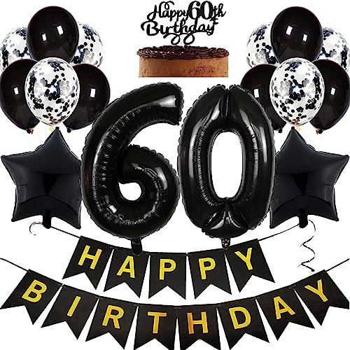 Feelairy Geburtstagsdeko 60 Jahre Frauen, Luftballon 60. Geburtstag Deko Männer, Schwarz Tortendeko Happy 60th Birthday Deko 60 Jahre Frau, Ballon 60. Geburtstag Mann Party Dekoration Set