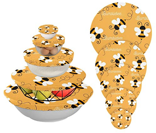 5 Pieces Reusable Bowl Covers, Bumble Bees 5 Size Stretch Cloth Fabric Food Storage Covers for Food Fruits Leftover, Dish Covers Elastic Lids for Kitchen Fridge Picnic