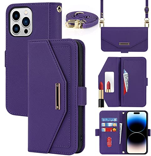 Cavor Case compatible with iPhone 14 Pro Phone Case With Strap,Crossbody Flip Leather Wallet Case,[5 Card Holder][Mirror][Magnetic],Lanyard Case Cover for women - Purple