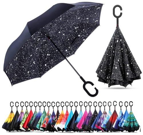 CICILIAYA Doppelschichtiger, faltbarer umgekehrter Regenschirm, selbststehend, umgedrehter Regenschutz, Auto-Umkehrschirme mit C-förmigem Griff, großer gerader Regenschirm, schwarz 1, Medium