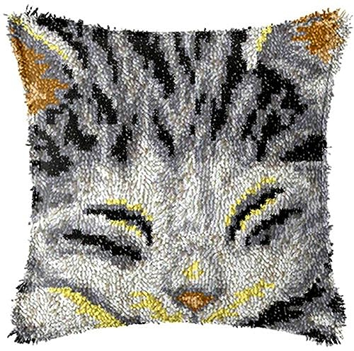 ANALTIRCE Animal Series Knüpfhaken-Sets Kissen – Graue Katze Knüpfhaken-Set Knotenkissen-Paket Stickkissen Kissenbezug Sofa-Dekoration Für Handarbeiten, Wie Abgebildet, 17 X 17 Zoll/43 X 43 Cm