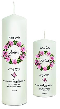 Liamoria® Taufkerze Blumenkranz Schmetterlinge personalisiert - 25 x 8 cm Modell Marleen - Einzigartiges Geschenk zur Taufe (mit 1 Patenkerze)