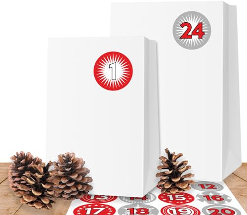 24 Adventskalender Kraftpapiertüten mit 24 weihnachtlichen Aufkleber-Zahlen „Duo Rot“für den Adventskalender zum Basteln, selber Befüllen und Verschenken