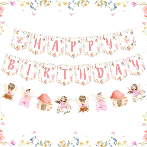 Fairy Birthday Banner Dekorationen für Mädchen, Feengirlande Happy Birthday Dekorationen, Feengarten rosa Blumenmotiv hängende Banner Geburtstag Party Supplies für 1 2 3 4 5 6 Jahre altes Mädchen