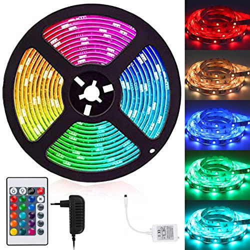 Cecaylie 4m RGB LED Streifen, 5050 Leds LED Strip Selbstklebend, Dimmbar Led Lichter 12V, mit 24-Tasten Fernbedienung und Netzteil, mit 15 Farben und 4 Modi, für Küche, Schlafzimmer, Party