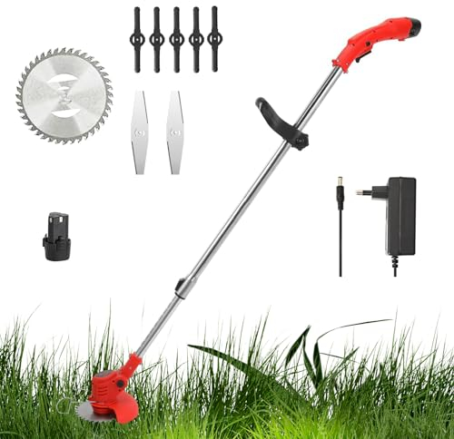 Debroussailleuse Electrique sans Fil, 21V Coupe Bordure, avec 1 Batterie et Chargeur Taille Bordure, avec 3 Types de Lames pour la Coupe de Jardin Pelouses et Terres Agricoles (C)