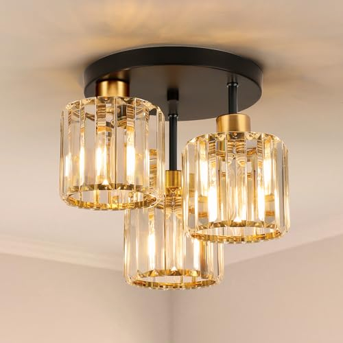 FORCOSO Kristall Deckenleuchte 3 Flammig, Kronleuchter Schwarz Gold mit Metall Rahmen Lampenschirm, E27 Deckenlampe, Moderne Ceiling Light Lampe für Schlafzimmer Wohnzimmer Flur Küche Esszimmer