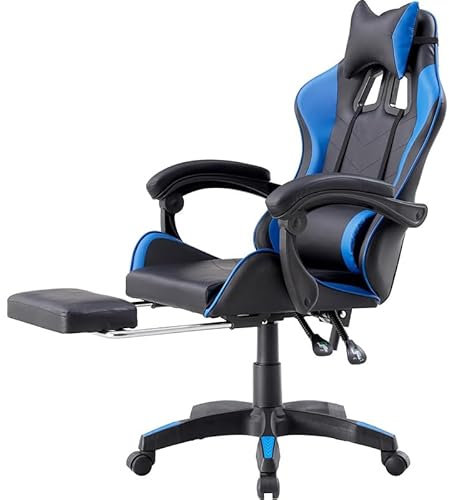 VIRSUS Sedia Gaming Ergonomica Reclinabile in similpelle 738, Altezza Inclinazione Regolabile, poggiapiedi, poggiatesta, cuscino lombare, rotelle, Poltrona Ufficio, Studio (Nera e Blu)