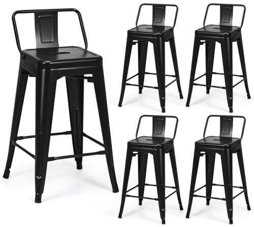 COSTWAY Lot 4 Tabourets de Bar Métal, Dossier Bas Amovible, Chaise Industrielle Empilable Hauteur d'Assise 60 CM, Pieds en Caoutchouc Antidérapants, pour Bistrot, Cuisine, Café