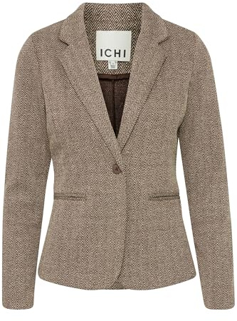 ICHI IHKATE Jacquard Damen Blazer Jackenklazer mit Reverskragen Paspeltaschen V-Ausschnitt 1-Knopf-Form leicht elastisch Slim fit, Größe:XL, Farbe:Java/Almond Milk Herringbone (204115)