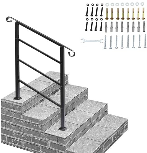 Adjustable Outdoor Handrails for Stairs, Wrought Iron Hand Rails Stairs for Outdoor Steps Handrail Stair Railing Handrail for Cross Bar Stairs Hand Rails Outside Steps Black Railing (1 to 3 Steps,B)