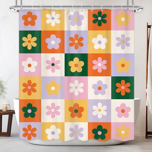 Newsely Duschvorhang mit Retro-Blume, 152,4 x 183,9 cm, niedlich, Y2K, Vintage-Karo, bunt, fließend, Duschvorhang, Badezimmer-Set, abstrakt, 60er-, 70er-Jahre, groovige Mädchen, wasserdicht,