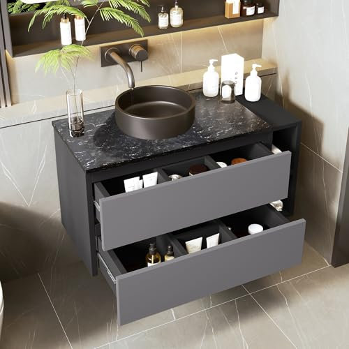 Mueble fregadero colgante de 80 cm de ancho con fregadero y cajones de cerámica, diseño moderno, negro + gris (80 x 44 x 48,5 cm)