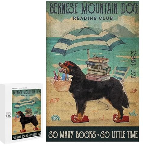 Jigsaw Puzzles 1000 Pieces for Adults Beach Reading Club Books Bernese Mountain Dog Wooden Puzzle - Puzzles for Youth Home Decor Funny Game Best Gift Preschool Toys
