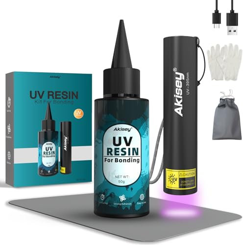 akisey UV Resin Kit with Light, 50g UV Resin with Rechargeable 395NM UV Flashlight, Fast Curing in Seconds, UV Glue Adhesive for Bonding Jewelry, Plastic, Glass Repair, w/Mat, Gloves, Storage Bag