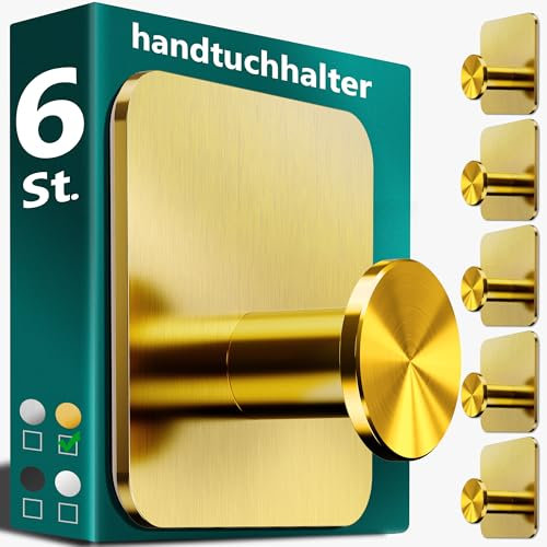 4smile Handtuchhalter ohne Bohren, golden - 6 Stück Badezimmer Handtuchhalter, Klebehaken aus Edelstahl, moderne Haken für Bad, WC, Küche - Wasserfeste Haken selbstklebend, Handtuchhaken
