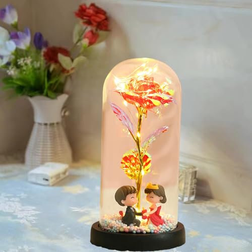 Xusdamyj Galaxy Rose „Die Schöne und das Biest“, Rose im Glas, Weihnachtsrosen-Geschenke für Frauen, Mutter und Freundin, leuchtende Rose in Glaskuppel, Geschenke, Kristallrosen-Blumenlampe