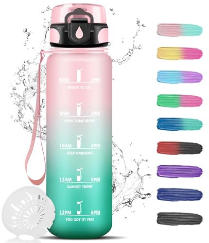 Trinkflasche 1L, Trinkflasche Sport mit Filter, Wasserflasche Auslaufsicher, Kann mit dir tragen, Wasserflasche mit Zeitmarkierung, Trinkflasche Erwachsene für Fitness, Schule, Camping, Rosa-Cyan
