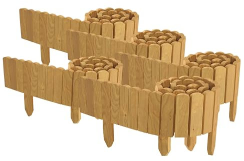 Floranica 10 m Beeteinfassung Flexibler Holzzaun 5 St. 2 m x 10 cm Natur Steckzaun aus Kiefernholz Rasenkante Teichzaun Rollboard 5 tlg Erweiterbares Zaunset für Garten