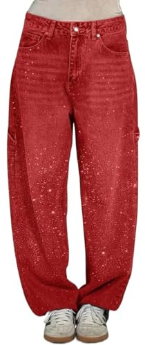 PNZLZIA Lässige Haremsjeans mit Strasssteinen für Damen, hoch taillierte Jeans mit Strasssteinen für Damen, glitzernde Jeans mit weitem Bein