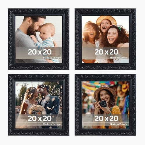 VictoR vintage Bilderrahmen „Rubens“ 4er Set in 20x20 cm schwarz - Leiste: 30x20mm - Echtglas - Fotorahmen barock - antik - Bilderrahmen Set 20x20 silber - Quadratisch