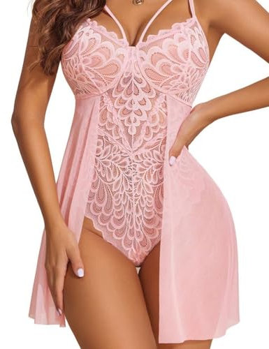 OXDOHUE Body Donna Sexy Babydoll Pizzo Lingerie Scollo a V Bodysuit Camicia da Notte Abito in Tulle con Chiusura sul Cavallo - Rosa/L