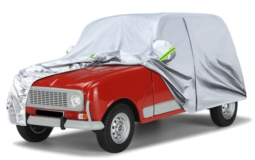 Housse Bache Voiture Exterieur Hiver Remplacement pour Renault 4/4L/R4 1961-1992, Couverture de Voiture Protection Anti-UV Personnalisé, Garage Complet Bandes Réfléchissantes, Argent