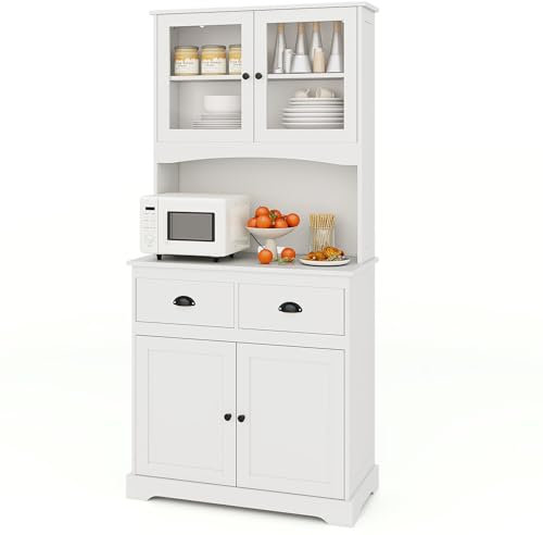 TANGZON Tall Kitchen Cupboard, 4 Door Storage Cabinet with 2 Adjustable Shelves, 2 Drawers, Countertop & Cable Hole, Freestanding Wooden Tall Sideboard Unit for Pantry Dining Living Room (White)