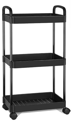 3 Tier Storage Trolley Cart on Wheels, Slim Rolling Utility Cart with Handle, Mobile Storage Shelving Organizer for Kitchen, Bathroom, Laundry Room, Bedroom, Narrow Places, Plastic (Black)
