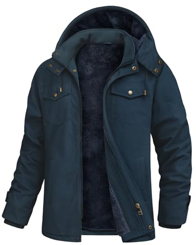 Xnova Veste Homme Hiver Chaude Blouson Doublée en Polaire Manteau à Capuche Coupe Vent Veste Militaire Cargo mi Saison Décontractée Travail avec Poches Multiples, Bleu Marine, L