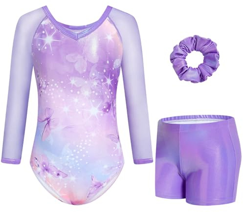 Gogokids Mädchen 3-teilige V-Ausschnitt Turnanzüge, 3/4-Arm Turnoutfit mit Netz Splicing Design, Funkelnde Turnbekleidung für Mädchen mit Shorts und Haarband für Alter 8-9 und als Turngeschenk