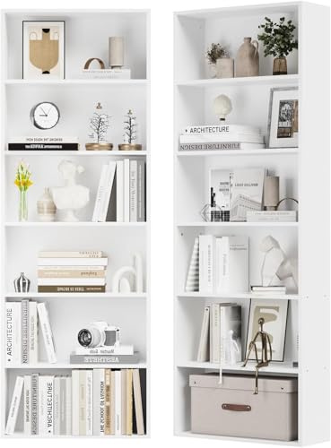 oneinmil Bücherregal, Bücherschrank mit 6 Ebenen, Standregal, Bücherregal Hoch, Modernes offenes Regal aus Holz, für Wohnzimmer, Schlafzimmer, Büro, Arbeitszimmer, Weiß, 2 Pack