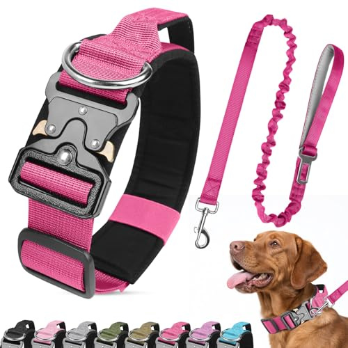 Ledeak Collier pour Chien et Laisse, Collier Chien Tactique, Colliers Réglable Militaire en Nylon avec Poignée, Colliers pour Chiens Rembourré pour Chiens de Taille Moyenne Grand (Rose Rouge, M)