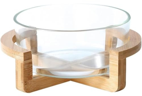 HuangguiyuanV Salatschüssel aus Glas mit Holzständer, transparent, hitzebeständig, Servierschüssel für Salate, Obst und Desserts (800 ml)