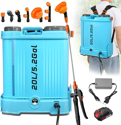 Dibaful Pulverizador a presión con batería, 20 L, con batería de 21 V, 2000 mAh, ajustable, 0-100 PSI 7 bar, compatible con batería de 18 V, pulverizador a presión con 6 boquillas para jeringa de