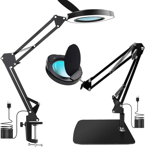 15X Magnifying Glass with Light and Clamp, LED Magnifying Lamp with Base, 5 Color Modes & 10 Brightness Levels, Hands-Free Desk Magnifier with Dust Cover for Crafts, Sewing, Repair, Close Work, Hobby