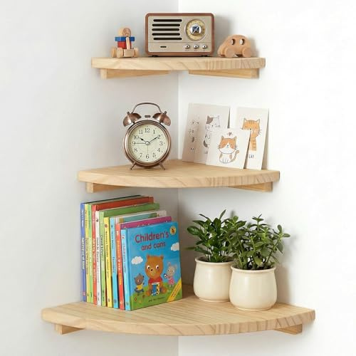 3 Pcs Corner Shelf for Wall Pine Wood Floating Corner Shelf Wall Mounted