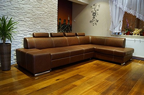 Quattro Meble Echtleder Ecksofa London II 4z 300 x 185 Sofa Couch mit Schlaffunktion, Bettkasten und Kopfstützen Glatt Echt Leder Sauvage Cognac Eck Couch Ledersofa große Farbauswahl