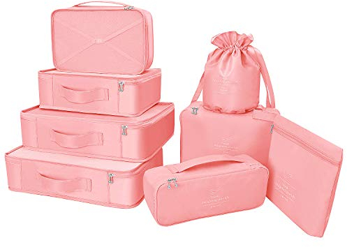 Koffer Organizer Reise Kleidertaschen 8 Sets/7 Farben Travel Gep?ck Organisatoren enthalten wasserdichte Schuh-Aufbewahrungsbeutel Bequeme Kompressions Beutel für Reisen ,New Pink