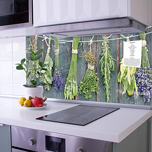 banjado Küchenrückwand Glas ohne Bohren 120x60cm – Glasrückwand Küche mit Motiv Acht Kräuter/Spritzschutz Küchenrückwand Glas/selbstklebende Küchenrückwand Platte - magnetisch & beschreibbar