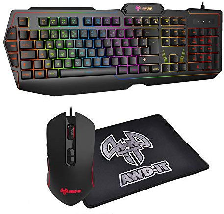 AWD-IT Nebula Gaming Bundle 7 Colour LED RGB Keyboard with Pulsing Mouse and Mat Combo Kit