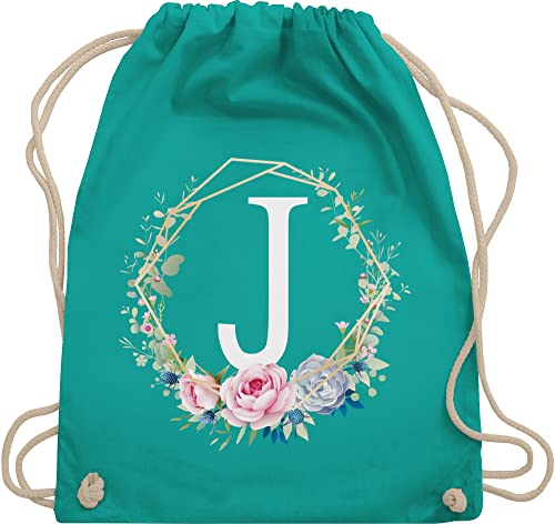 Shirtracer Turnbeutel Rucksack - Geschenk Initialen - Tasche - Blumenkranz mit Buchstabe J - Unisize - Türkis - stoffbeutel kordelzug stoff gym bag bags turnsackerl uni baumwolle kordel kinder