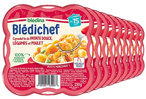 Blédina - Blédichef - Repas Bébé 15 Mois - 9 Plats Patate Douce Légumes Poulet - Petits Morceaux - 100% Ingrédients d'Origine Naturelle - Dès 15 Mois - 9 Assiettes de 250g